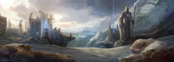 Anime picture 1920x694 with league of legends ewalabak wide image signed sky cloud (clouds) magic mountain landscape ruins stone (stones) tower