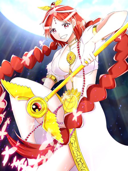Anime picture 1200x1600 with magi the labyrinth of magic a-1 pictures arba (magi) chouhana single tall image looking at viewer breasts light erotic smile red eyes large breasts holding cleavage bent knee (knees) red hair braid (braids) very long hair night short sleeves
