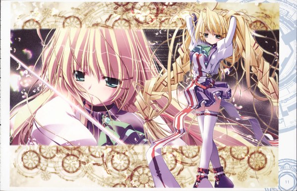 Anime picture 6000x3868 with prism ark priecia ohno tetsuya long hair highres blonde hair absurdres braid (braids) aqua eyes twin braids arms behind head framed girl thighhighs white thighhighs