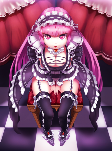 Anime picture 900x1206 with original christinya single long hair tall image looking at viewer sitting pink hair cleavage pink eyes girl thighhighs dress black thighhighs frills