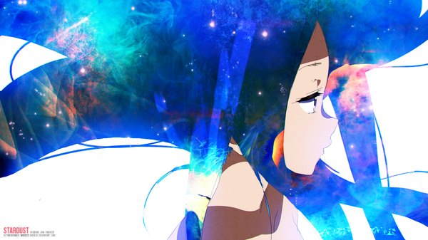 Anime picture 1920x1080 with tom skender single long hair highres blue eyes simple background wide image bare shoulders signed looking away profile night night sky starry sky print space print double exposure girl star (stars)