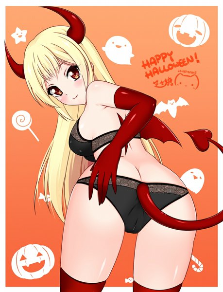 Anime picture 841x1100 with original nagi-the-cheese (ppshex) single long hair tall image looking at viewer blush fringe breasts light erotic simple background blonde hair smile ass tail looking back horn (horns) from behind orange eyes halloween