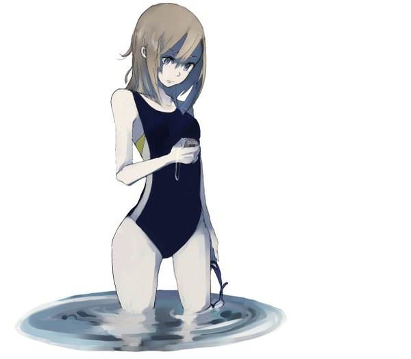 Anime picture 1258x1100 with tansuke single long hair blue eyes simple background brown hair white background girl swimsuit water one-piece swimsuit competition swimsuit black swimsuit