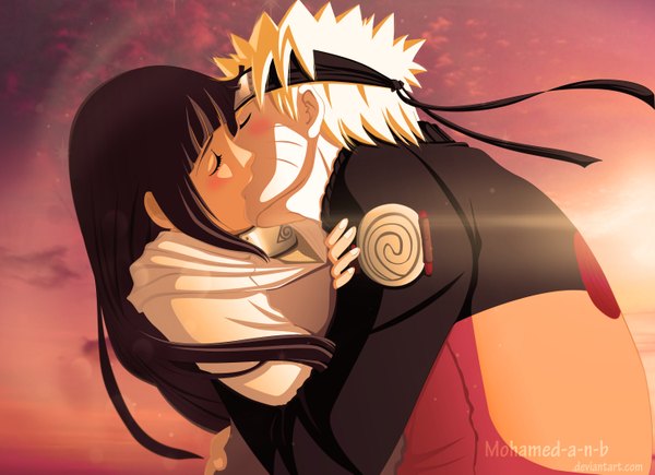 Anime picture 6000x4355 with naruto studio pierrot naruto (series) uzumaki naruto hyuuga hinata m-shu long hair blush highres short hair black hair blonde hair absurdres sky cloud (clouds) eyes closed sunlight hug coloring facial mark