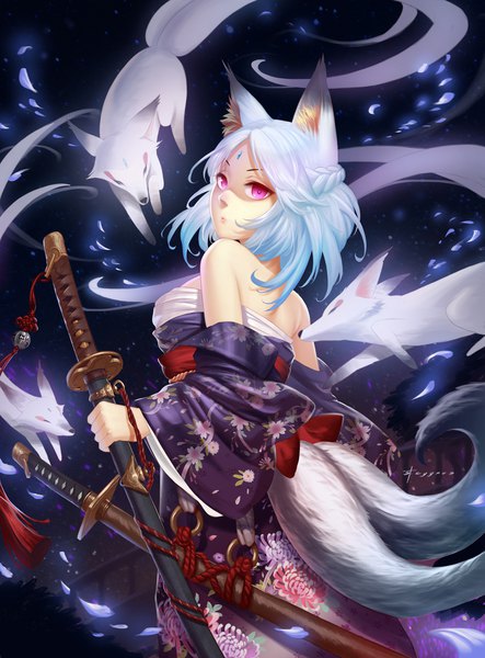 Anime picture 1653x2236 with stcygnus tall image fringe breasts standing bare shoulders holding animal ears outdoors white hair tail braid (braids) traditional clothes japanese clothes pink eyes looking back wide sleeves fox ears gradient hair side braid
