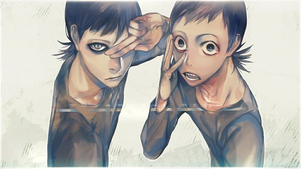 Anime picture 1000x562 with yowamushi pedal midousuji akira zis (artist) looking at viewer fringe short hair open mouth black hair simple background wide image from above black eyes grey background wallpaper copyright name eyeshadow framed dual persona boy