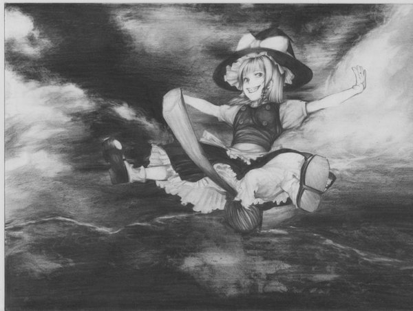 Anime picture 1104x832 with touhou kirisame marisa monochrome flying girl skirt skirt set broom rukaori