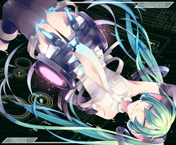 Anime picture 1500x1239 with vocaloid vocaloid append hatsune miku hatsune miku (append) oniyama831 light erotic twintails very long hair aqua eyes aqua hair girl thighhighs navel black thighhighs necktie bodysuit