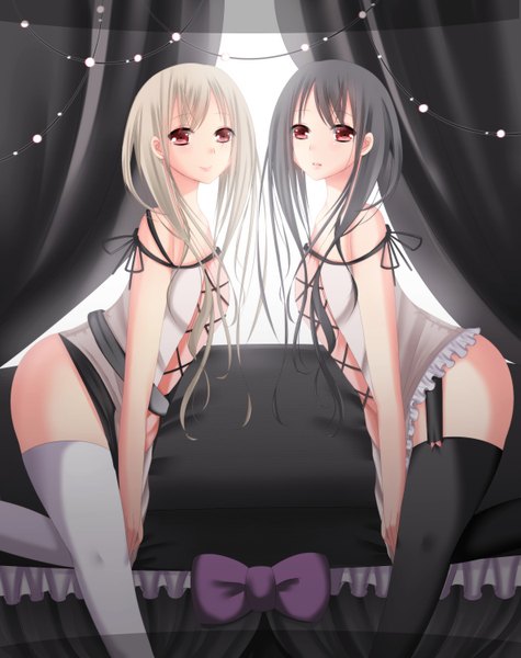 Anime picture 1188x1500 with original yue (id4220878) long hair tall image looking at viewer blush open mouth light erotic black hair red eyes standing bare shoulders multiple girls white hair light smile leaning leaning forward arched back girl thighhighs