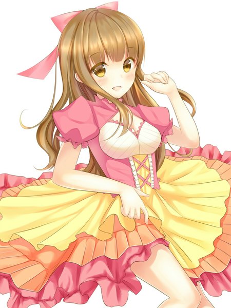 Anime picture 800x1066 with original sumikko no aria long hair tall image looking at viewer blush open mouth brown hair white background brown eyes girl dress bow hair bow