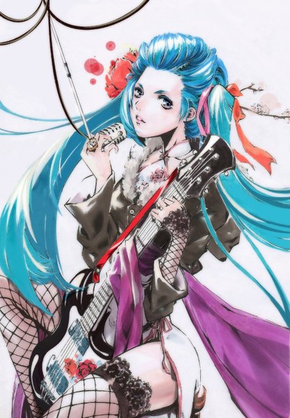 Anime picture 2314x3329 with project diva vocaloid hatsune miku renzuoen (pixiv) single long hair tall image highres blue eyes blue hair absurdres hair flower girl thighhighs hair ornament ribbon (ribbons) hair ribbon microphone wire (wires) guitar