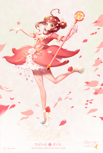 Anime picture 900x1340 with card captor sakura clamp kinomoto sakura shabomu single long hair tall image looking at viewer simple background smile brown hair holding green eyes signed full body ahoge inscription hair bun (hair buns) high heels two side up
