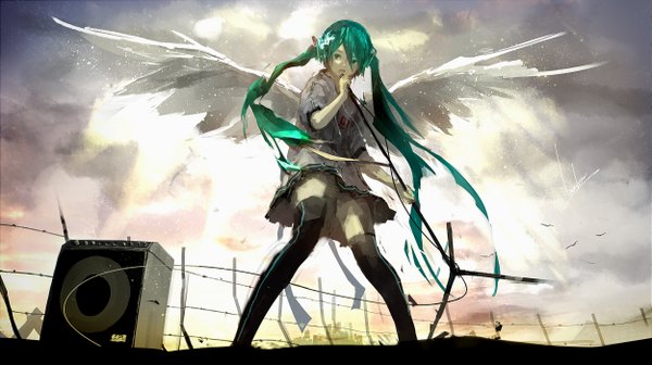 Anime picture 2500x1400 with vocaloid hatsune miku loundraw single highres open mouth wide image twintails sky cloud (clouds) very long hair aqua eyes aqua hair white wings singing girl thighhighs wings wire (wires) microphone stand