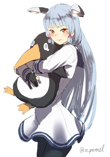 Anime picture 600x850 with kantai collection murakumo destroyer failure penguin (kantai collection) pennel single long hair tall image looking at viewer blush simple background red eyes white background signed blue hair inscription hug tress ribbon girl gloves uniform