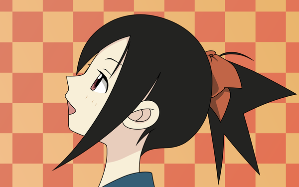 Anime picture 1920x1200 with sayonara zetsubou sensei shaft (studio) oora kanako single highres short hair black hair wide image ponytail profile vector checkered checkered background girl