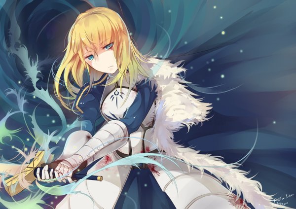 Anime picture 1240x877 with fate (series) fate/stay night studio deen type-moon artoria pendragon (all) saber rain lan single long hair blue eyes blonde hair girl dress weapon sword blood armored dress