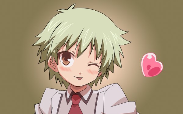 Anime picture 2560x1600 with baka to test to shoukanjuu silver link kudou aiko single blush highres short hair simple background red eyes wide image one eye closed green hair wink :p girl uniform school uniform shirt necktie heart