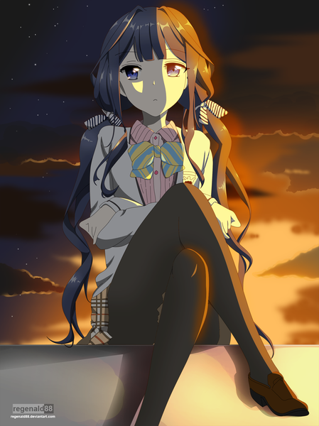 Anime picture 1273x1700 with masamune-kun no revenge silver link adagaki aki regenald88 single long hair tall image looking at viewer fringe blue eyes sitting twintails blue hair shadow crossed legs evening sunset crossed arms plaid girl
