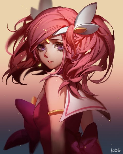 Anime picture 700x876 with league of legends lux (league of legends) star guardian lux songjikyo single long hair tall image looking at viewer simple background twintails signed pink hair looking back wind lipstick gradient background turning head symbol-shaped pupils expressionless pink lipstick