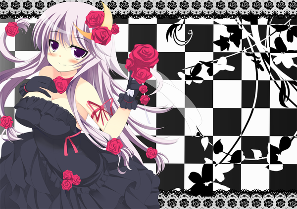 Anime picture 1214x859 with touhou patchouli knowledge kusano (torisukerabasu) single long hair looking at viewer blush smile purple eyes bare shoulders purple hair crescent checkered background girl dress gloves flower (flowers) rose (roses) red rose