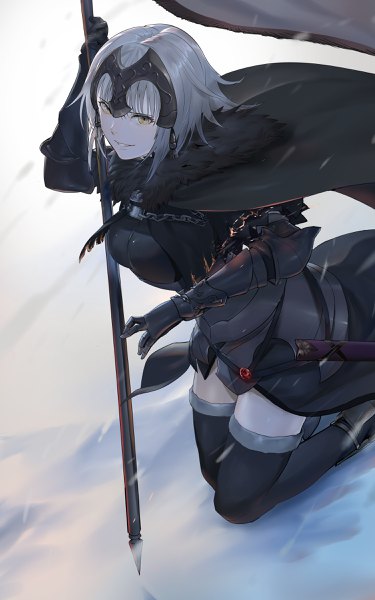 Anime picture 1500x2400 with fate (series) fate/grand order fate/apocrypha jeanne d'arc (fate) (all) jeanne d'arc alter (fate) nuda single tall image looking at viewer fringe short hair smile holding yellow eyes bent knee (knees) light smile from above wind grey hair fur trim