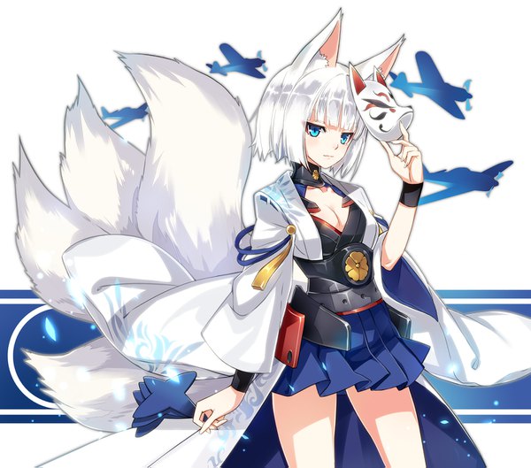 Anime picture 1459x1287 with azur lane kaga (azur lane) nyoronyoro single fringe short hair blue eyes light erotic standing animal ears looking away cleavage white hair tail blunt bangs animal tail pleated skirt fox ears fox tail fox girl