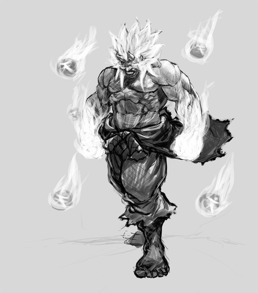 Anime picture 1450x1646 with street fighter akuma gouki ntocha single tall image simple background barefoot grey background magic monochrome muscle demon demon eyes boy