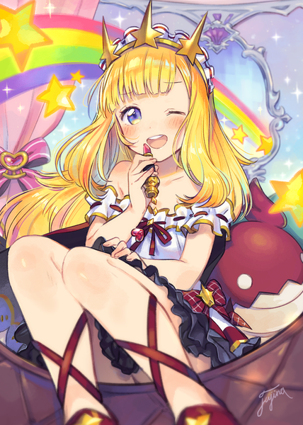 Anime picture 802x1123 with granblue fantasy cagliostro (granblue fantasy) fujino (unajisaiko) single long hair tall image looking at viewer blush fringe open mouth light erotic blonde hair smile sitting purple eyes bare shoulders signed bent knee (knees) blunt bangs pleated skirt