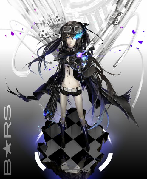 Anime picture 1041x1267 with black rock shooter black rock shooter (character) nil (artist) single long hair tall image open mouth blue eyes black hair very long hair inscription glowing scar glowing eye (eyes) checkered floor checkered girl navel weapon choker