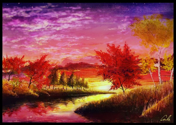 Anime picture 1754x1240 with original cola (pixiv) highres sky cloud (clouds) border landscape river autumn plant (plants) tree (trees) water star (stars)