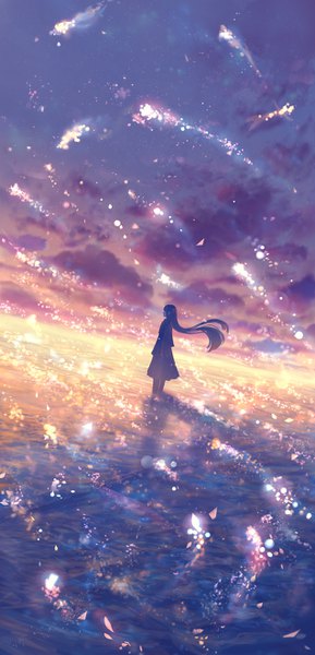 Anime picture 636x1320 with original bounin single long hair tall image standing sky cloud (clouds) profile partially submerged floating hair lens flare evening sunset girl dress water sea