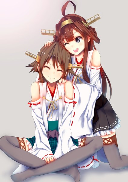 Anime picture 848x1200 with kantai collection kongou battleship hiei battleship konkito long hair tall image blush short hair open mouth smile brown hair bare shoulders multiple girls ahoge eyes closed one eye closed wink black eyes nontraditional miko remodel (kantai collection)