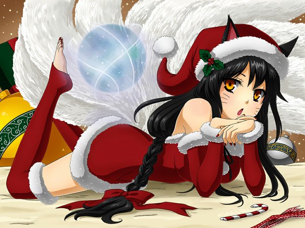 Anime picture 1024x768 with league of legends ahri (league of legends) selene-galadriel single long hair looking at viewer open mouth black hair bare shoulders animal ears yellow eyes lying braid (braids) animal tail legs fur trim single braid facial mark christmas whisker markings