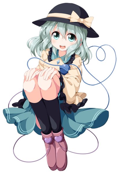 Anime picture 675x1000 with touhou komeiji koishi ruu (tksymkw) single long hair tall image blush open mouth simple background white background sitting aqua eyes aqua hair girl hat socks boots black socks blouse hat ribbon