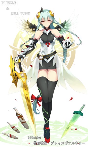 Anime picture 2000x3333 with puzzle & dragons valkyrie (p&d) dean single tall image looking at viewer blush highres smile red eyes very long hair aqua hair girl thighhighs gloves weapon black thighhighs sword wings