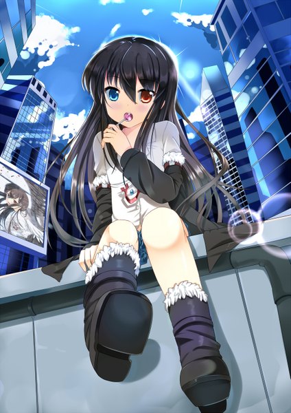Anime picture 1041x1473 with original bellezza felutia xephonia single long hair tall image looking at viewer blush black hair sitting cloud (clouds) heterochromia city otoko no ko boy boots lollipop