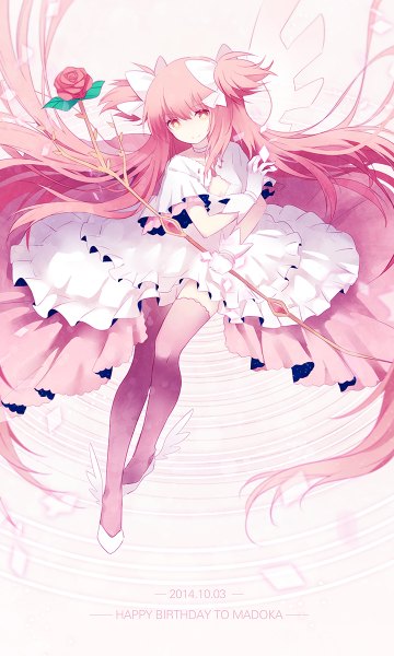Anime picture 720x1200 with mahou shoujo madoka magica shaft (studio) kaname madoka goddess madoka cuivre single tall image looking at viewer twintails pink hair very long hair inscription orange eyes flying happy birthday magical girl girl thighhighs dress gloves