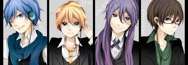 Anime picture 2000x697 with vocaloid kagamine len kaito (vocaloid) kamui gakupo hiyama kiyoteru tama (songe) long hair looking at viewer short hair blue eyes simple background blonde hair smile brown hair wide image purple eyes brown eyes blue hair purple hair ponytail