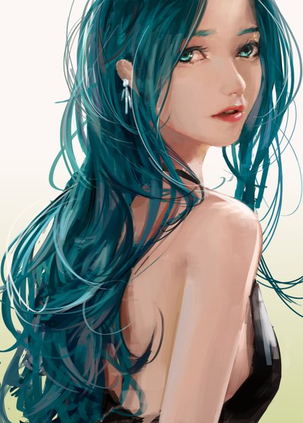 Anime picture 2480x3458 with vocaloid hatsune miku g q single long hair tall image looking at viewer highres open mouth simple background bare shoulders upper body looking back aqua eyes light smile lips from behind realistic aqua hair no bra