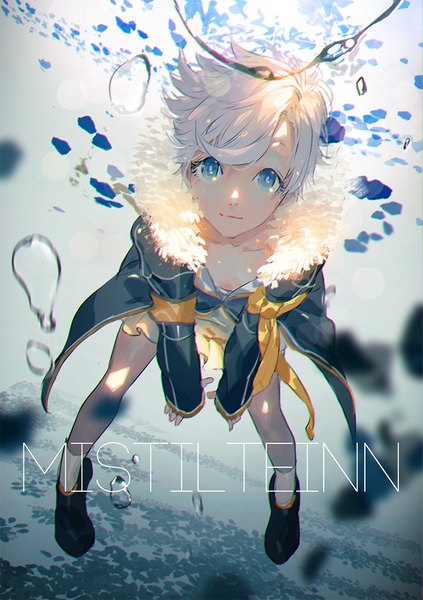 Anime picture 844x1198 with closers mistilteinn (closers) sumiobunnya single tall image looking at viewer fringe short hair blue eyes smile white hair sunlight blurry open jacket bare legs shadow leaning spread legs depth of field leaning forward