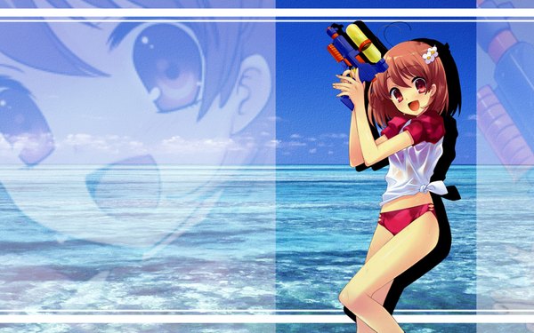 Anime picture 1920x1200 with itou noiji highres smile red eyes wide image wet flower (flowers) swimsuit bikini water gun red bikini