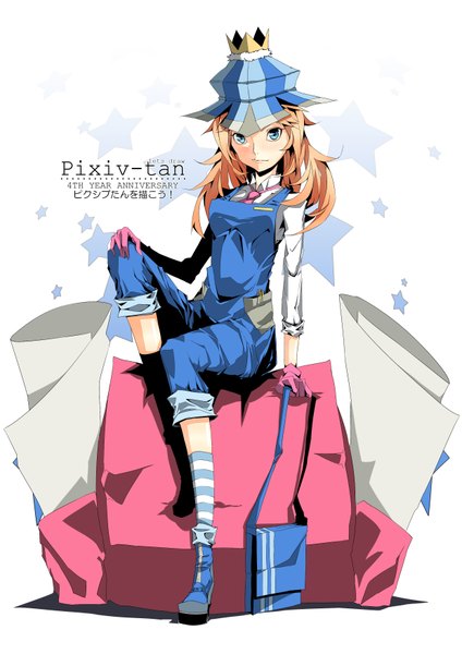 Anime picture 2480x3507 with original firecel single long hair tall image looking at viewer blush highres blonde hair sitting open collar twisty sleeves girl thighhighs gloves hat necktie boots bag striped thighhighs