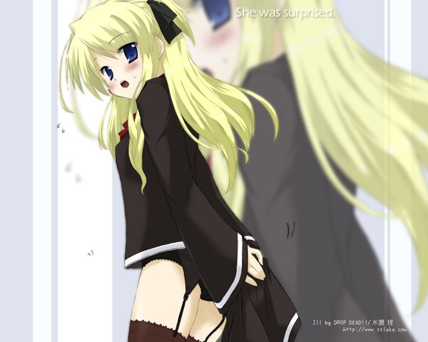 Anime picture 1280x1024 with quiz magic academy shalon minase shuu single looking at viewer blush open mouth blue eyes blonde hair standing signed long sleeves embarrassed text sleeves past wrists sweatdrop english zoom layer surprised frilled panties