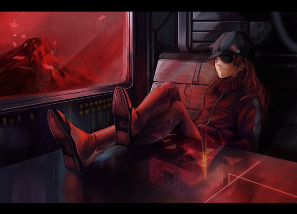 Anime picture 2952x2126 with neon genesis evangelion gainax soryu asuka langley cp .ieng single long hair highres blue eyes sitting red hair girl window eyepatch table flat cap pilot suit badge
