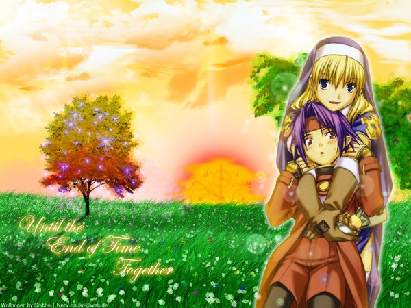 Anime picture 1600x1200 with chrono crusade gonzo rosette christopher chrono long hair looking at viewer blush fringe blue eyes blonde hair smile red eyes holding sky purple hair inscription couple hug hug from behind nun