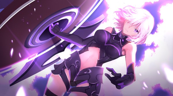 Anime picture 1800x1000 with fate (series) fate/grand order type-moon mash kyrielight hei tong shi single looking at viewer fringe highres short hair breasts light erotic wide image purple eyes sky cloud (clouds) white hair light smile hair over one eye girl