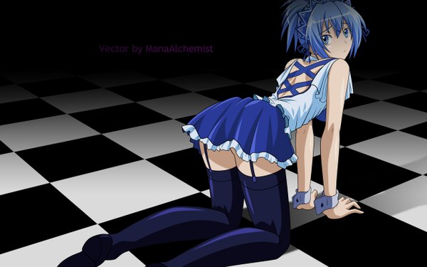 Anime picture 2560x1600 with kampfer senou natsuru single highres light erotic wide image looking back back on all fours vector checkered floor thighhighs garter straps wrist cuffs