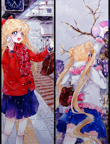 Anime picture 1000x1300 with bishoujo senshi sailor moon toei animation tsukino usagi aino minako ahma long hair tall image blush open mouth blue eyes blonde hair standing twintails multiple girls sky outdoors pleated skirt arm up from behind hair bun (hair buns)
