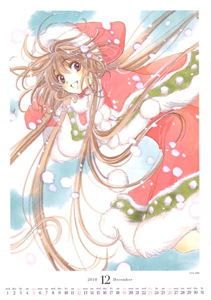 Anime picture 2108x3000 with kobato clamp hanato kobato single long hair tall image highres open mouth smile brown hair brown eyes sky cloud (clouds) scan snowing christmas winter snow jumping 2010