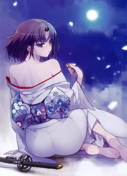 Anime picture 4000x5551 with kara no kyoukai type-moon ryougi shiki namaniku atk single tall image looking at viewer fringe highres short hair blue eyes light erotic black hair sitting bare shoulders holding absurdres cloud (clouds) bent knee (knees) traditional clothes